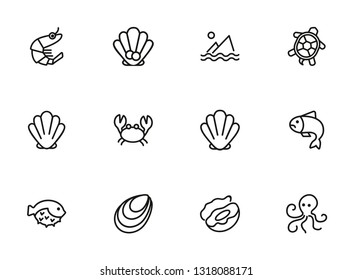 Seafood line icon set. Shrimp, seashell, turtle. Food concept. Can be used for topics like restaurant menu, sea life, fish market