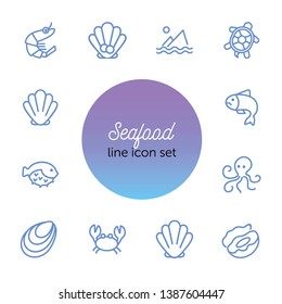 Seafood line icon set. Shrimp, seashell, turtle. Food concept. Can be used for topics like restaurant menu, sea life, fish market