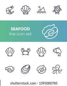 Seafood line icon set. Shrimp, seashell, turtle. Food concept. Can be used for topics like restaurant menu, sea life, fish market