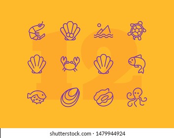 Seafood line icon set. Shrimp, seashell, turtle. Food concept. Can be used for topics like restaurant menu, sea life, fish market