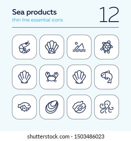 Seafood line icon set. Shrimp, seashell, turtle. Food concept. Can be used for topics like restaurant menu, sea life, fish market