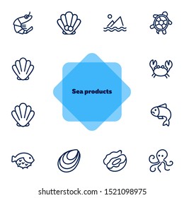 Seafood line icon set. Shrimp, seashell, turtle. Food concept. Can be used for topics like restaurant menu, sea life, fish market