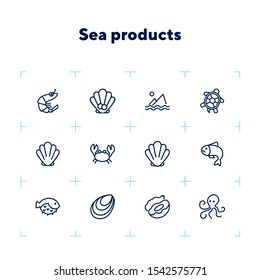 Seafood line icon set. Shrimp, seashell, turtle. Food concept. Can be used for topics like restaurant menu, sea life, fish market