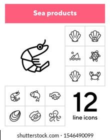 Seafood line icon set. Shrimp, seashell, turtle. Food concept. Can be used for topics like restaurant menu, sea life, fish market