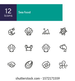 Seafood line icon set. Shrimp, seashell, turtle. Food concept. Can be used for topics like restaurant menu, sea life, fish market
