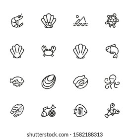 Seafood line icon set. Shrimp, seashell, turtle. Food concept. Can be used for topics like restaurant menu, sea life, fish market