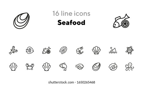 Seafood line icon set. Shrimp, seashell, turtle. Food concept. Can be used for topics like restaurant menu, sea life, fish market