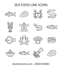 Seafood line icon set. Vector collection with tuna, crab, lobster, shrimp, trout, caviar, squid, octopus.