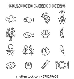 seafood line icons, mono vector symbols