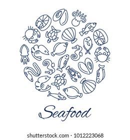 Seafood line icons round concept with fishes oyster crabs isolated on white background. Seafood shrimp and oyster, fish and lobster. Vector illustration