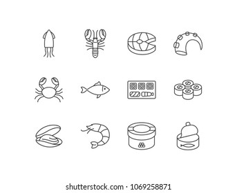 Seafood line icons set with squid, lobster, salmon, octopus, crab, fish, sushi, mussel, shrimp, caviar, canned tuna.