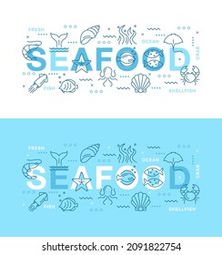 Iconos de la línea de mariscos. Ilustración vectorial de elementos de pescado y marisco con ostra, algas, cangrejo, bogavante, calamar, pulpo, medusas, pez estrella, gambas. Colección de iconos de esquema para el menú web, restaurante