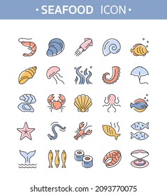 Seafood line icons. Vector set of colorful fish and seafood elements with oyster, seaweed, crab, lobster, octopus, jellyfish, starfish, shrimp. Outline icon collection for web, logo, restaurant menu