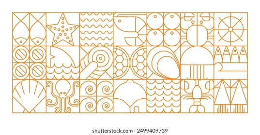 Seafood line modern geometric pattern of vector sea food fish and animals. Abstract geometric background with outline orange oyster, shrimp, octopus and squid, salmon, crab and lobster square tiles