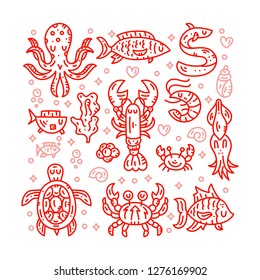 Seafood line vector banner. Underwater and undersea animals collection. Doodle style cliparts