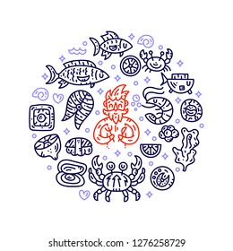 Seafood line vector banner. Underwater and undersea animals collection. Circle doodle style cliparts