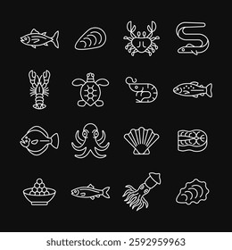 Seafood line white icon set on black background. Vector collection with tuna, crab, lobster, shrimp, trout, caviar, squid, octopus. Editable stroke.