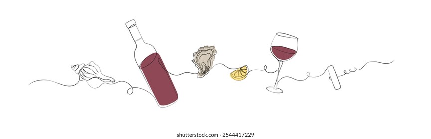 Silhueta linear de frutos do mar ilustração com concha, garrafa de vinho, ostra, limão, vidro, desenho de saca-rolhas com cor sobre fundo branco