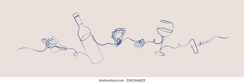 Seafood linear silhouette illustration with seashell, bottle of wine, oyster, lemon, glass, corkscrew drawing with blue on beige background