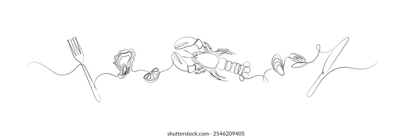 Seafood linear silhouette illustration with seashell, bottle of wine, oyster, lemon, glass, corkscrew drawing on white background