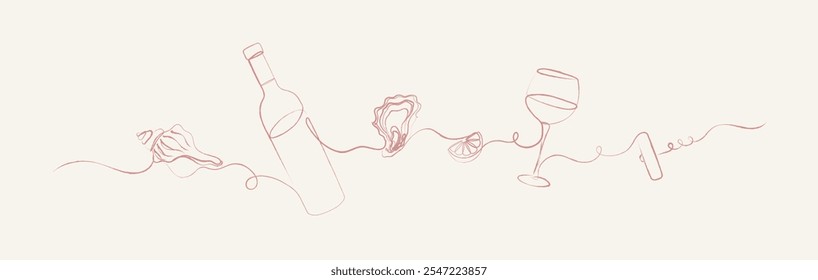 Seafood linear silhouette illustration with seashell, bottle of wine, oyster, lemon, glass, corkscrew drawing on beige background