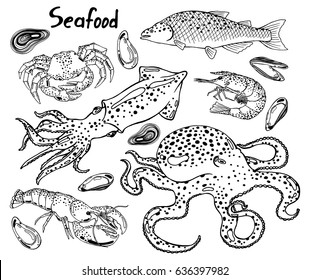 Seafood. Live octopus, squid, salmon, crab, lobster, mussels, shrimp. Underwater animals. Hand drawn isolated black and white illustration set with the inscription on a white background