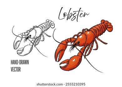 Seafood, lobster fish. Line drawing engraving vector, Hand drawn food. 