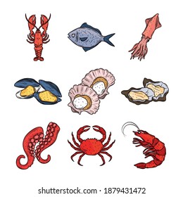 seafood lobster squid fish crab octopus oysters menu gourmet fresh icon isolated image vector illustration