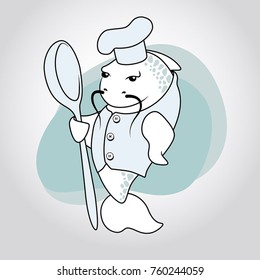 Seafood logo with Chef fish character. Catfish in a chef's hat with spoon. Design element for sea food cafe, restaurant, grill bar, gourmet, Sushi bar, sushi delivery. Seafood icon, template, design.