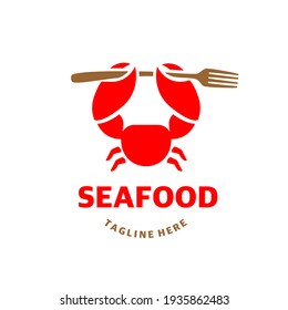 Seafood Logo a Crab Holding a Fork Symbol