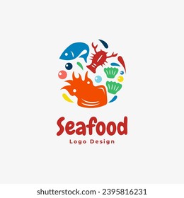 seafood logo design. consisting of squid, fish, shellfish and lobster. in colorful vector logo design