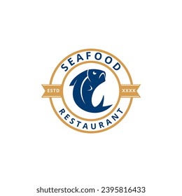 Diseño del logotipo de marisco. imagen del icono de pescado. estilo de diseño de placa de emblema retro vintage. apto para comercios de alimentos y restaurantes