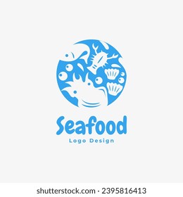 Diseño del logotipo de marisco. imágenes de icono de los animales marinos calamares, camarones, peces, mariscos y langostas. estilo de diseño de logotipo vectorial plantilla de color azul