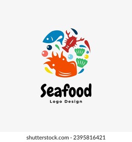 Seafood logo design. icon images of marine animals squid, shrimp, fish, shellfish and lobster. colorful flat template vector logo design style