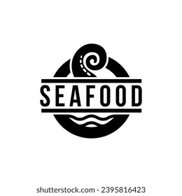 Seafood logo design. octopus hand icon image. black emblem badge design style