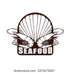 diseño de logotipo de mariscos con dibujo de concha y camarón