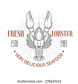 Seafood logo with elegant vintage lobster and sunburst. Retro vector logotype for your design.