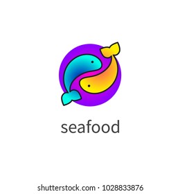Seafood logo. Icon canned fish, fish store, restaurant, cafe. Abstract round shape of yin yang. Vector illustration