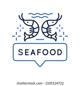 Seafood logo, icon. Shrimps with speech bubble icon designed for seafood specialized stores and restaurants. Vector illustration