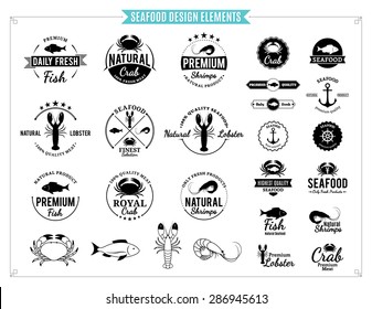 Seafood Logo, Labels, Sea Animals And Design Elements