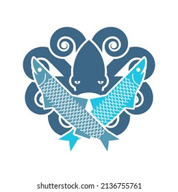Seafood logo. Octopus and fish sign. Icon for fish processing company
