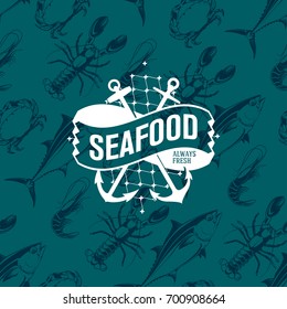 Seafood logo on seamless pattern with tuna, shrimp, crab and lobster, vector illustration
