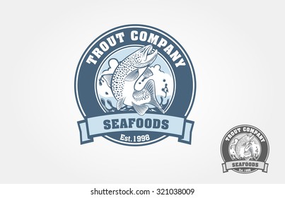 Seafood logo with salmon in emblem style. Vector vintage fish for your logo design. It's good for trout farm, fishing club, or seafood restaurant. 