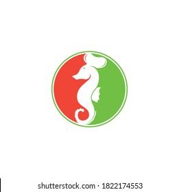 Seafood Logo. Seahorse Chef Knife Fork and Spoon Symbol Illustration. Chef and seahorse logo design template	