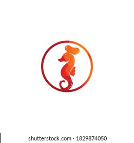 Seafood Logo. Seahorse Chef Knife Fork and Spoon Symbol Illustration. Chef and seahorse logo design template