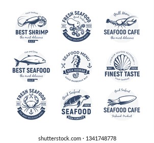 Seafood logo set. Sea creatures, fishing or restaurant emblems. Retro style logo template. Modern emblem idea. Concept design for business. Isolated vector illustration on white background.