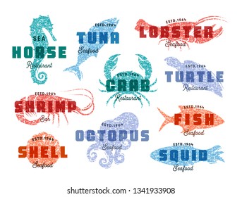 Seafood logo set. Sea creatures, fishing or restaurant emblems. Retro style logo template. Modern emblem idea. Concept design for business. Isolated vector illustration on white background.