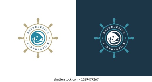 Seafood logo or sign vector illustration fish market and restaurant emblem template design fish with helm silhouette. Vintage typography badge or label design good for menu decoration.