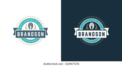 Seafood logo or sign vector illustration fish market and restaurant emblem template design fish fillet steak silhouette. Vintage typography badge or label design good for menu decoration.