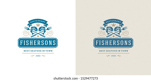 Seafood logo or sign vector illustration fish market and restaurant emblem template design fish silhouette. Vintage typography badge or label design good for menu decoration.